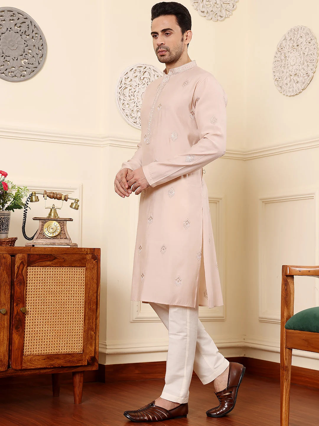 Men's Peach Straight Viscose Silk Kurta with Embroidered Neckline and Motifs,Off White solid trouser style churidar