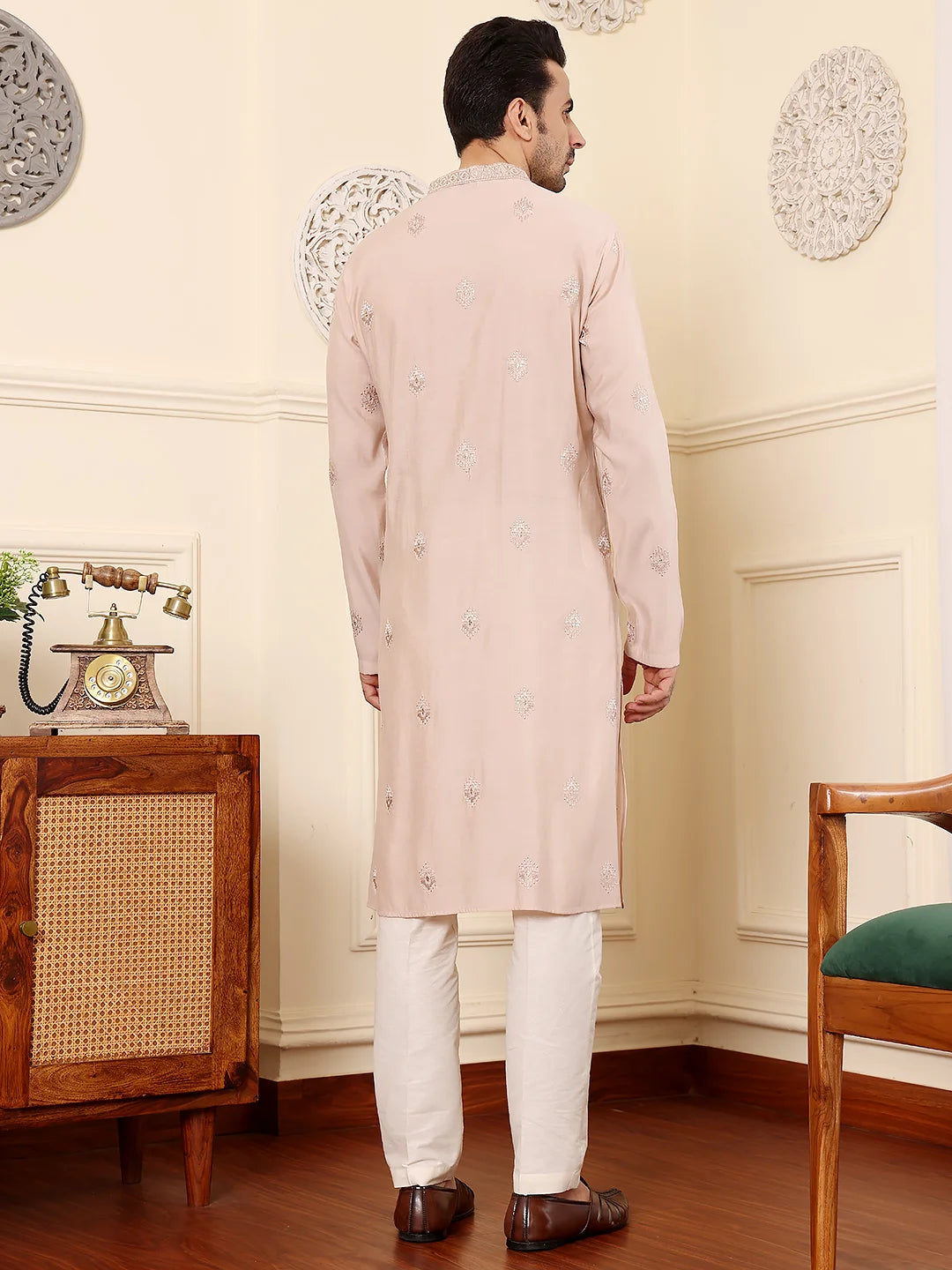 Men's Peach Straight Viscose Silk Kurta with Embroidered Neckline and Motifs,Off White solid trouser style churidar