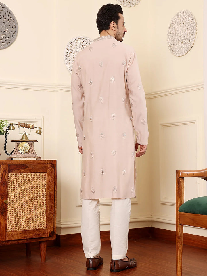 Men's Peach Straight Viscose Silk Kurta with Embroidered Neckline and Motifs,Off White solid trouser style churidar