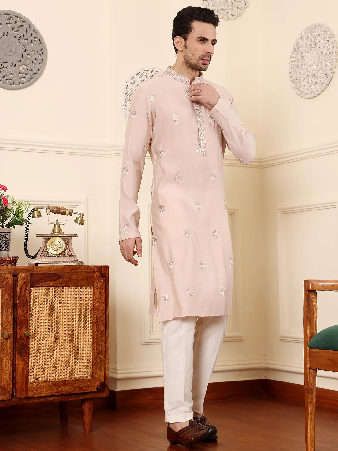 Men's Peach Straight Viscose Silk Kurta with Embroidered Neckline and Motifs,Off White solid trouser style churidar
