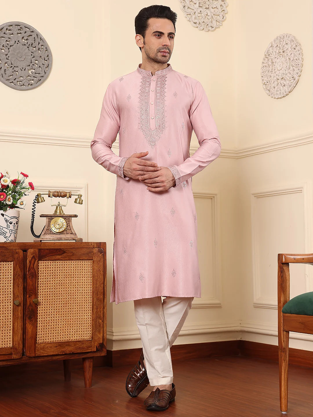 Men's Pink Straight Viscose Silk Kurta with Embroidered Neckline and Motifs,Cream solid trouser style churidar