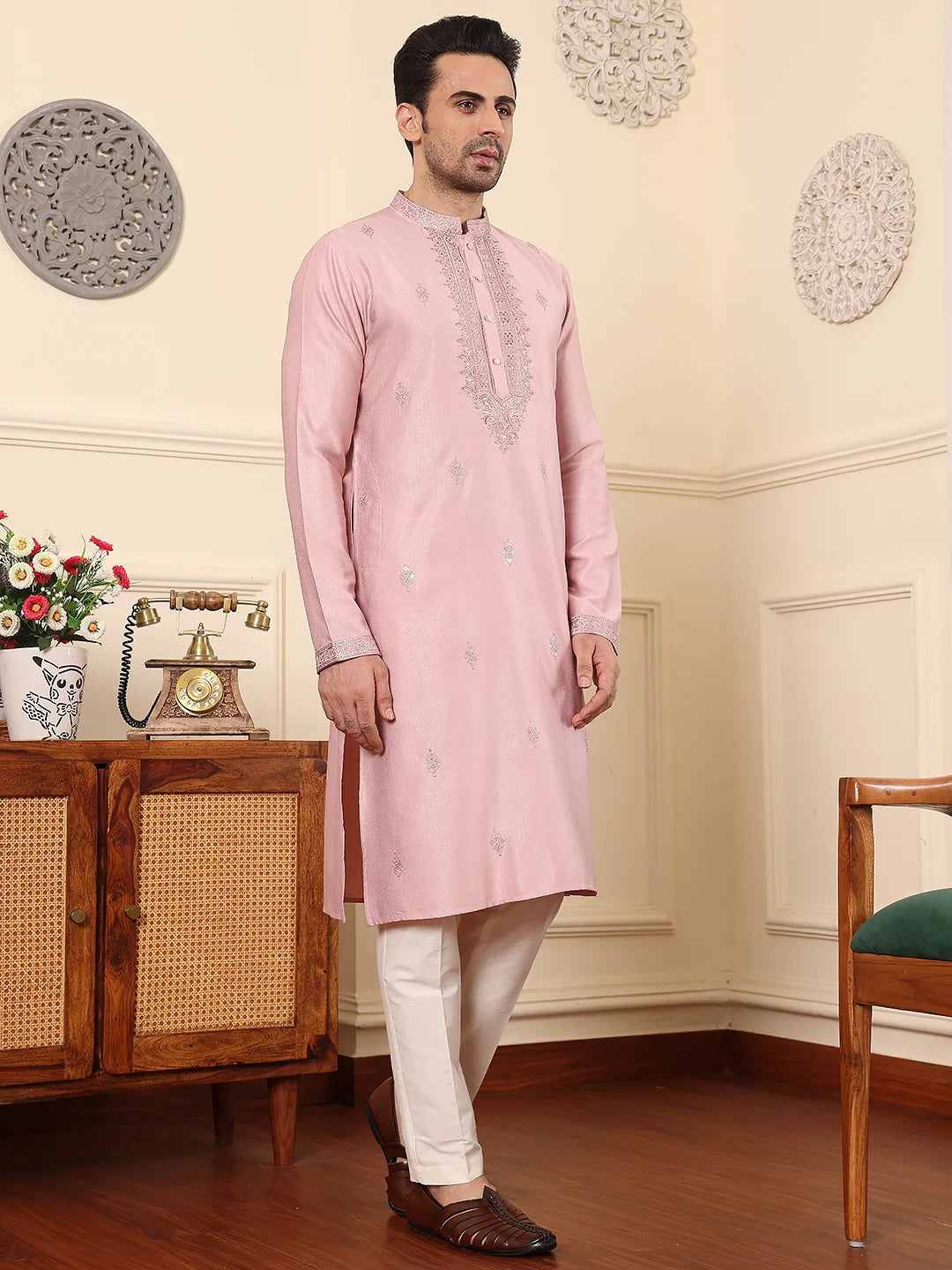 Men's Pink Straight Viscose Silk Kurta with Embroidered Neckline and Motifs,Cream solid trouser style churidar