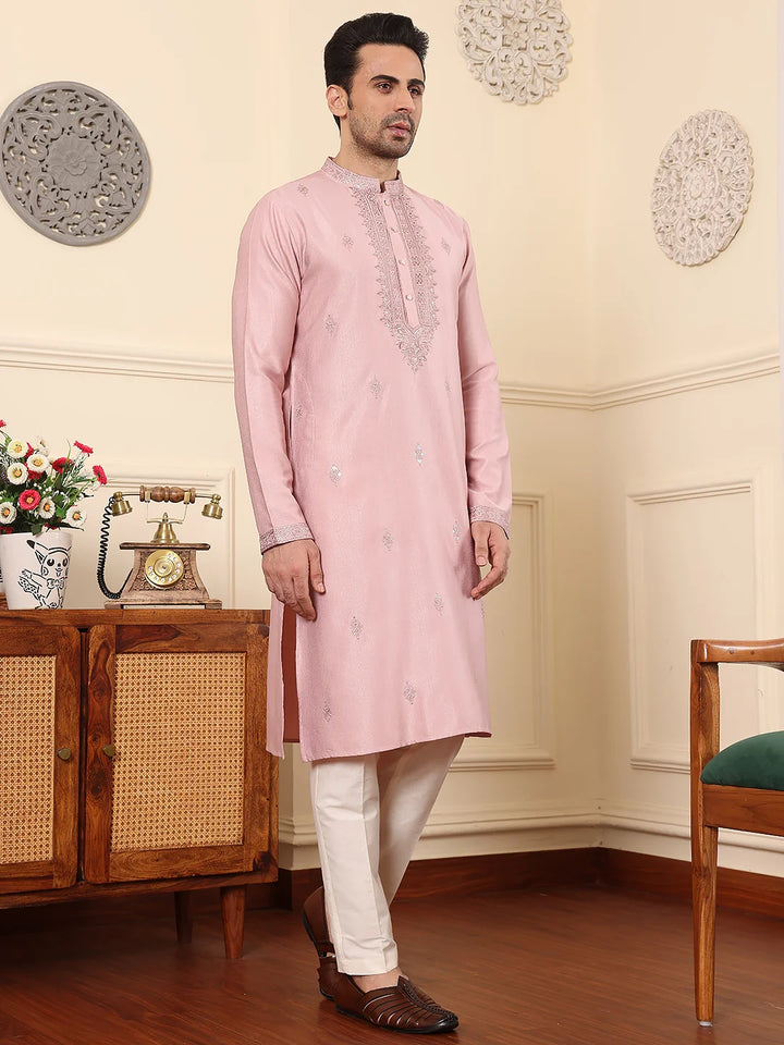 Men's Pink Straight Viscose Silk Kurta with Embroidered Neckline and Motifs,Cream solid trouser style churidar
