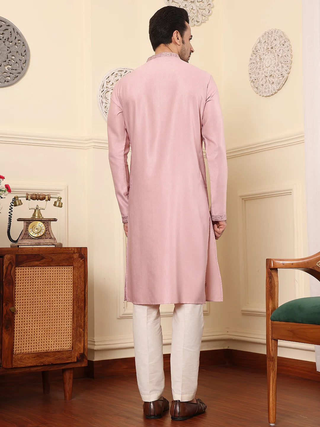 Men's Pink Straight Viscose Silk Kurta with Embroidered Neckline and Motifs,Cream solid trouser style churidar