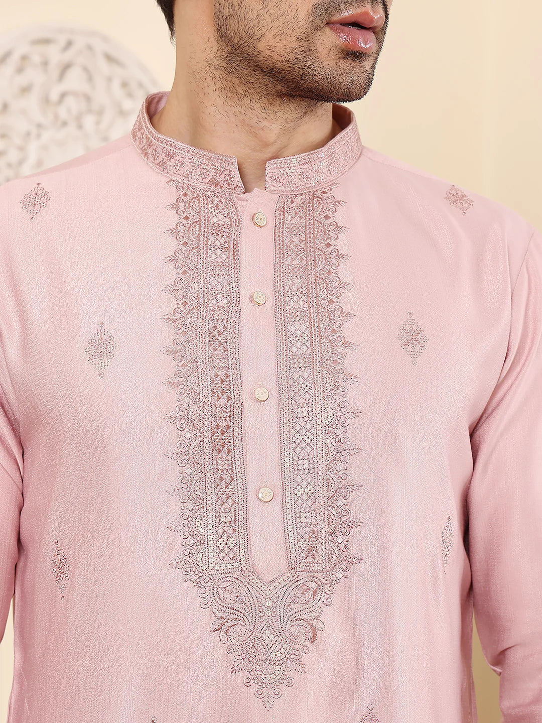 Men's Pink Straight Viscose Silk Kurta with Embroidered Neckline and Motifs,Cream solid trouser style churidar