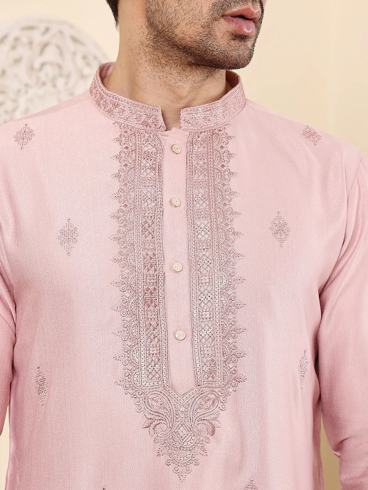 Men's Pink Straight Viscose Silk Kurta with Embroidered Neckline and Motifs,Cream solid trouser style churidar