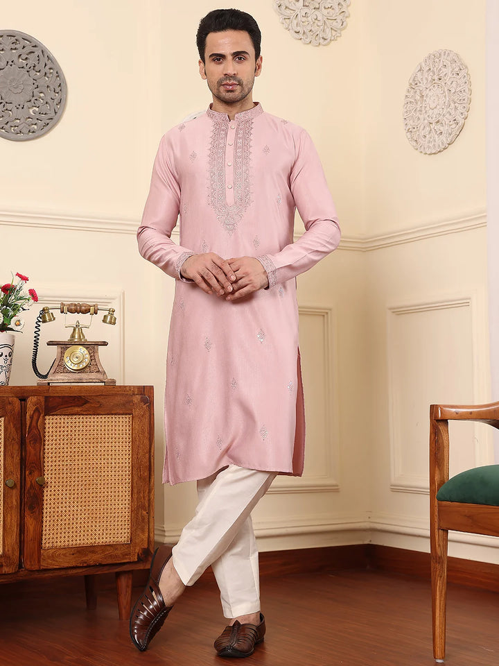 Men's Pink Straight Viscose Silk Kurta with Embroidered Neckline and Motifs,Cream solid trouser style churidar