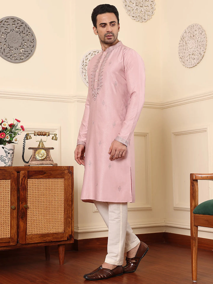 Men's Pink Straight Viscose Silk Kurta with Embroidered Neckline and Motifs,Cream solid trouser style churidar