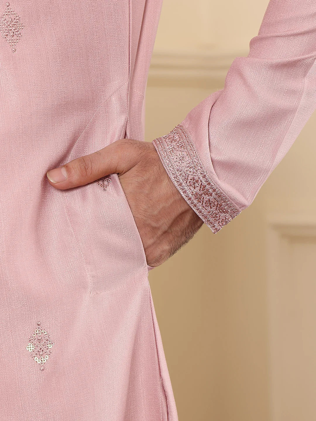 Men's Pink Straight Viscose Silk Kurta with Embroidered Neckline and Motifs,Cream solid trouser style churidar