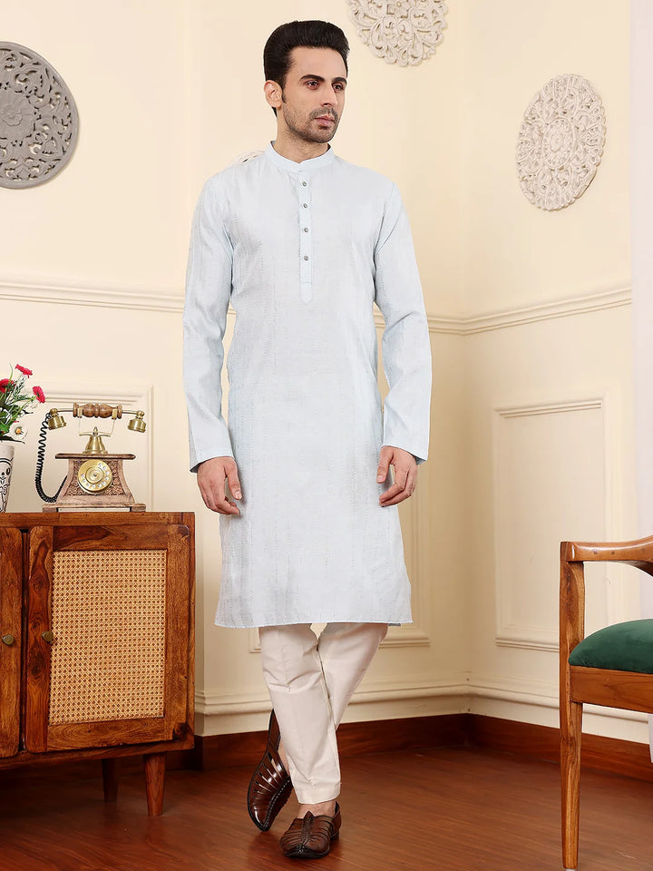 Men's Light Blue Rayon Silk Straight Viscose Silk kurta with Textured Effect,Cream solid trouser style churidar