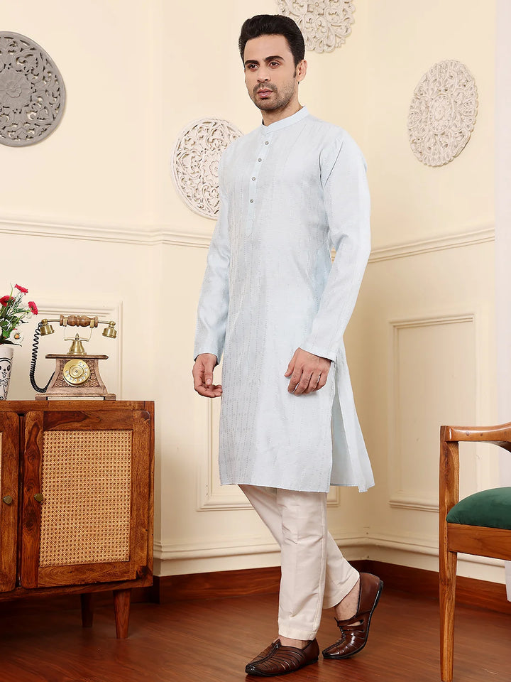 Men's Light Blue Rayon Silk Straight Viscose Silk kurta with Textured Effect,Cream solid trouser style churidar