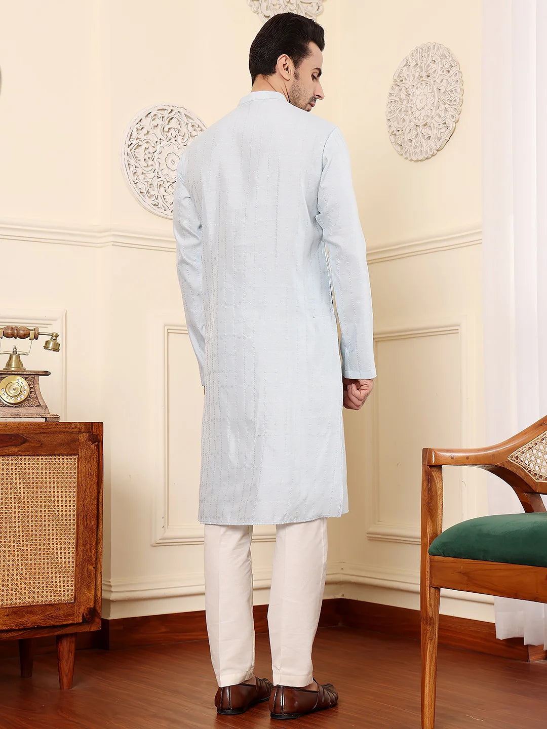 Men's Light Blue Rayon Silk Straight Viscose Silk kurta with Textured Effect,Cream solid trouser style churidar