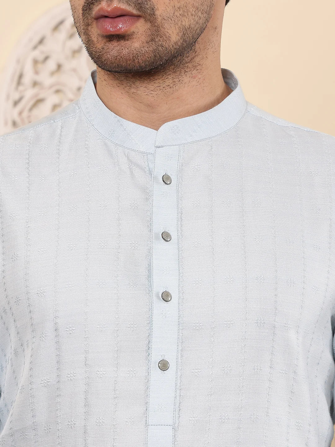 Men's Light Blue Rayon Silk Straight Viscose Silk kurta with Textured Effect,Cream solid trouser style churidar