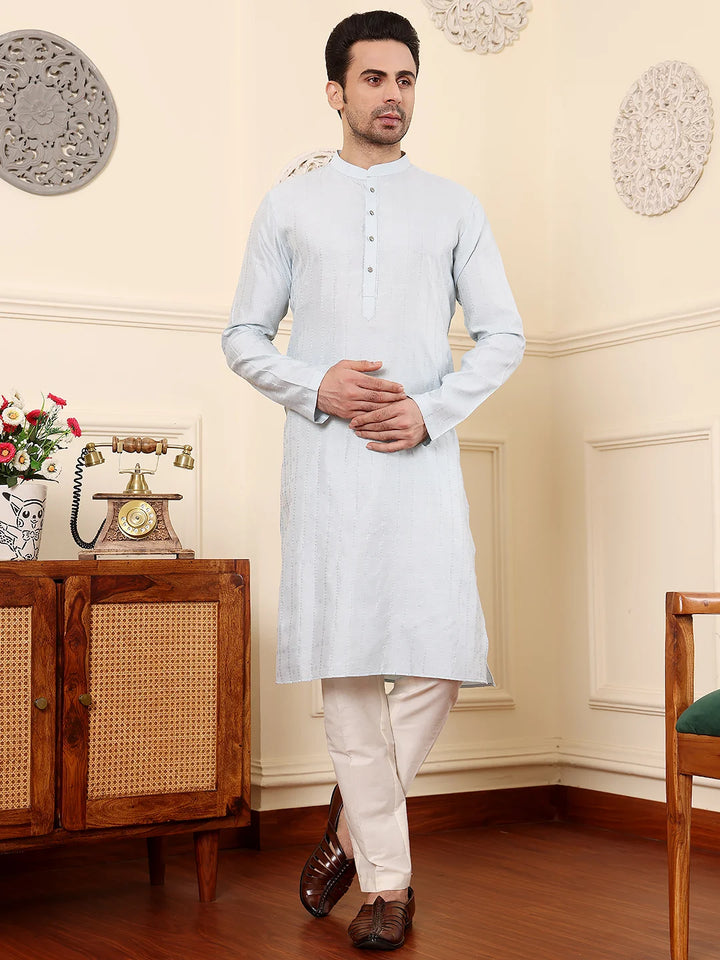 Men's Light Blue Rayon Silk Straight Viscose Silk kurta with Textured Effect,Cream solid trouser style churidar