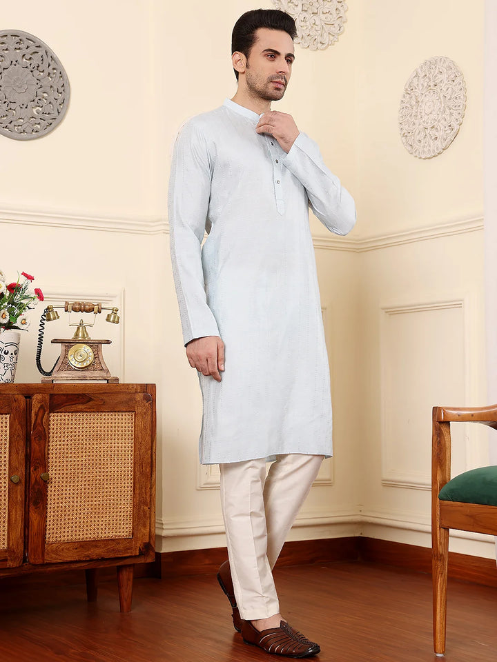 Men's Light Blue Rayon Silk Straight Viscose Silk kurta with Textured Effect,Cream solid trouser style churidar