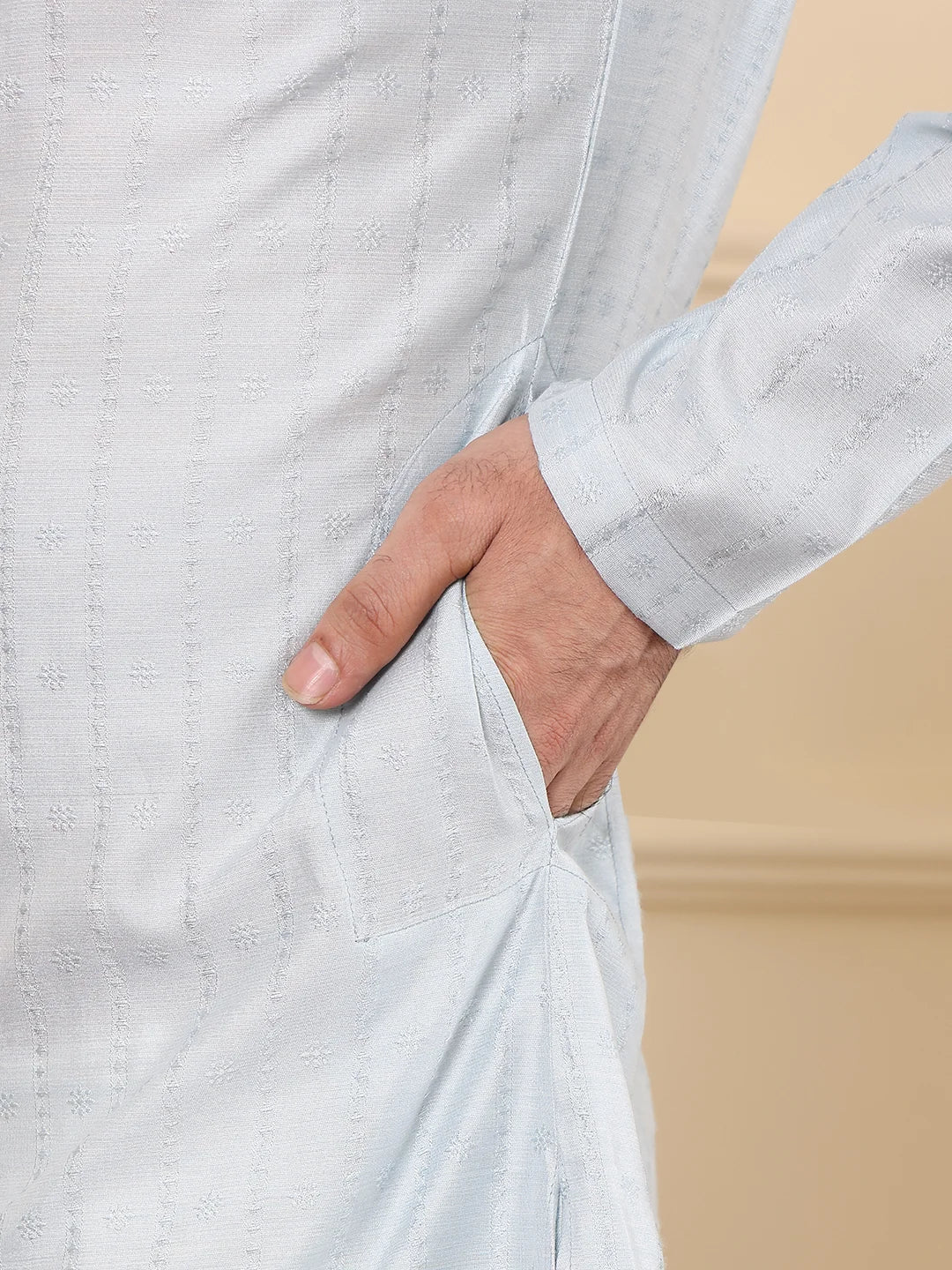 Men's Light Blue Rayon Silk Straight Viscose Silk kurta with Textured Effect,Cream solid trouser style churidar