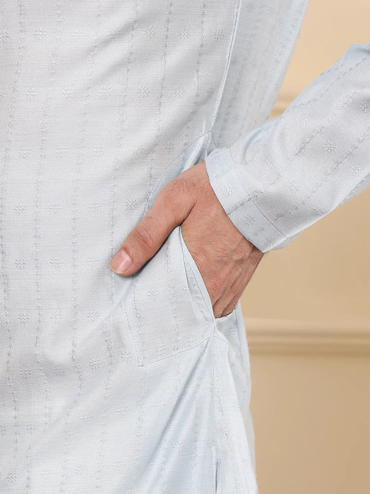 Men's Light Blue Rayon Silk Straight Viscose Silk kurta with Textured Effect,Cream solid trouser style churidar