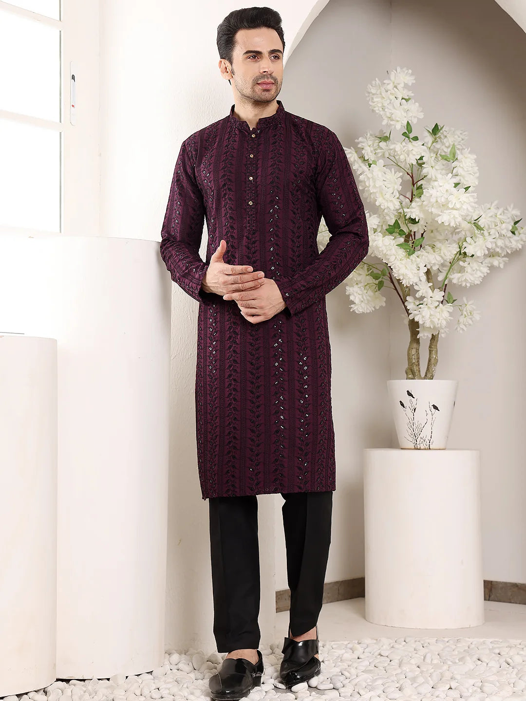 Men's Purple Straight Viscose Silk Kurta with Embroidered Neckline and Motifs,Black solid trouser style churidar
