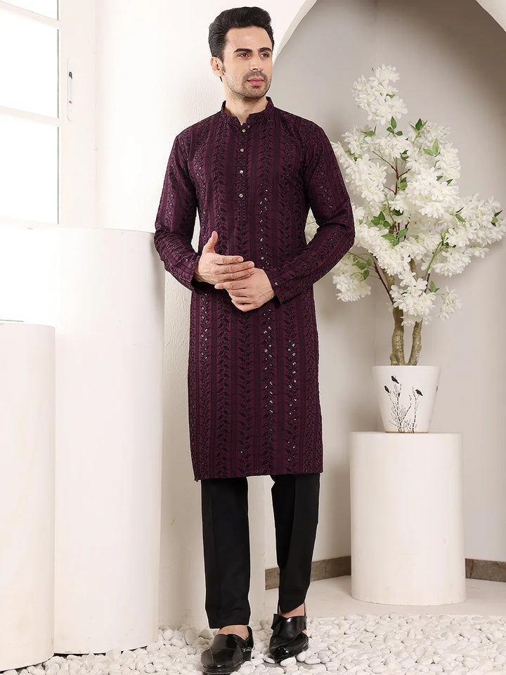 Men's Purple Straight Viscose Silk Kurta with Embroidered Neckline and Motifs,Black solid trouser style churidar