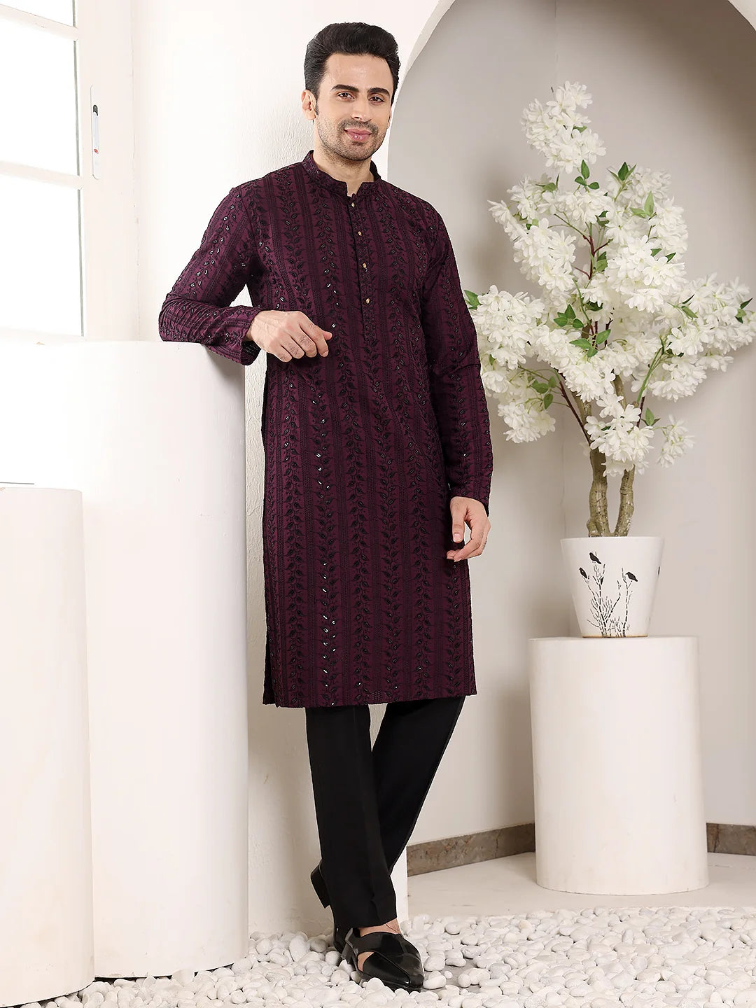 Men's Purple Straight Viscose Silk Kurta with Embroidered Neckline and Motifs,Black solid trouser style churidar