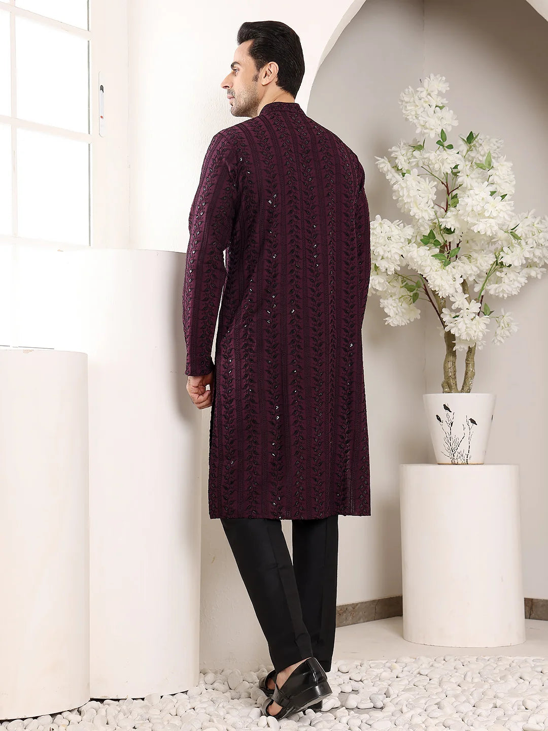 Men's Purple Straight Viscose Silk Kurta with Embroidered Neckline and Motifs,Black solid trouser style churidar