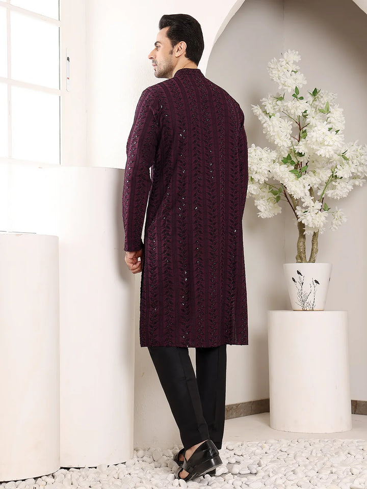 Men's Purple Straight Viscose Silk Kurta with Embroidered Neckline and Motifs,Black solid trouser style churidar