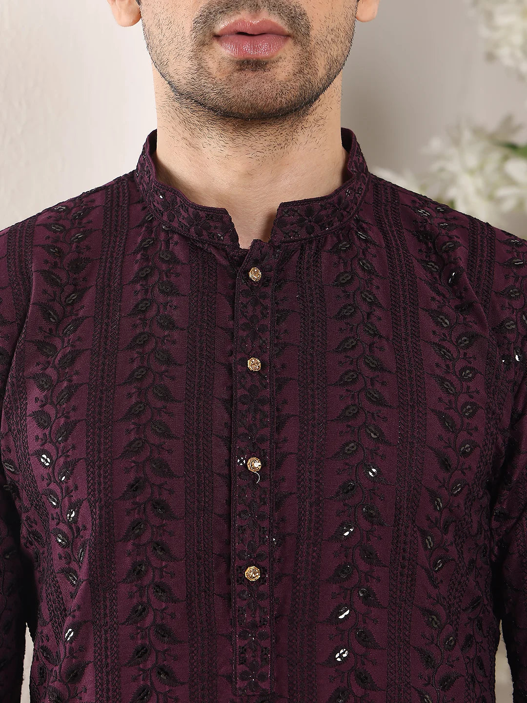 Men's Purple Straight Viscose Silk Kurta with Embroidered Neckline and Motifs,Black solid trouser style churidar