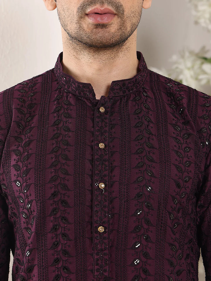 Men's Purple Straight Viscose Silk Kurta with Embroidered Neckline and Motifs,Black solid trouser style churidar