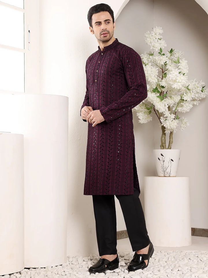 Men's Purple Straight Viscose Silk Kurta with Embroidered Neckline and Motifs,Black solid trouser style churidar