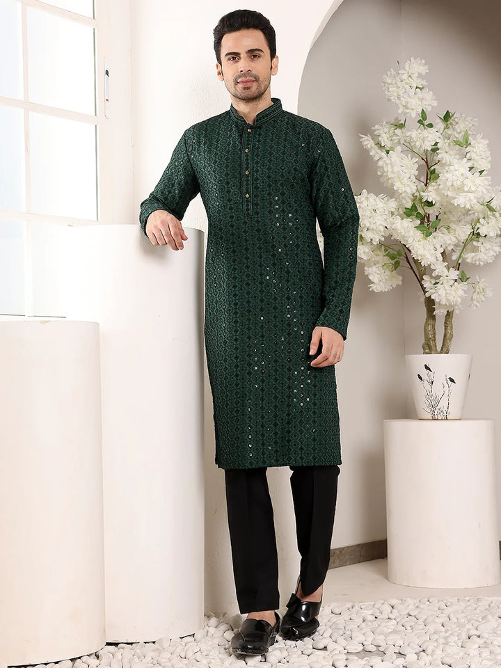 Men's Dark Green Straight Viscose Silk Kurta with Embroidered Neckline and Motifs,Black solid trouser style churidar