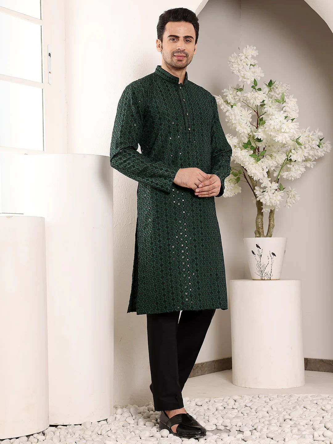 Men's Dark Green Straight Viscose Silk Kurta with Embroidered Neckline and Motifs,Black solid trouser style churidar