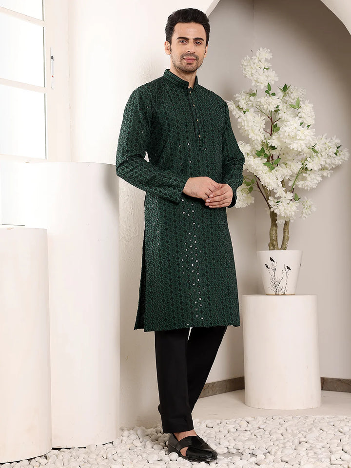 Men's Dark Green Straight Viscose Silk Kurta with Embroidered Neckline and Motifs,Black solid trouser style churidar