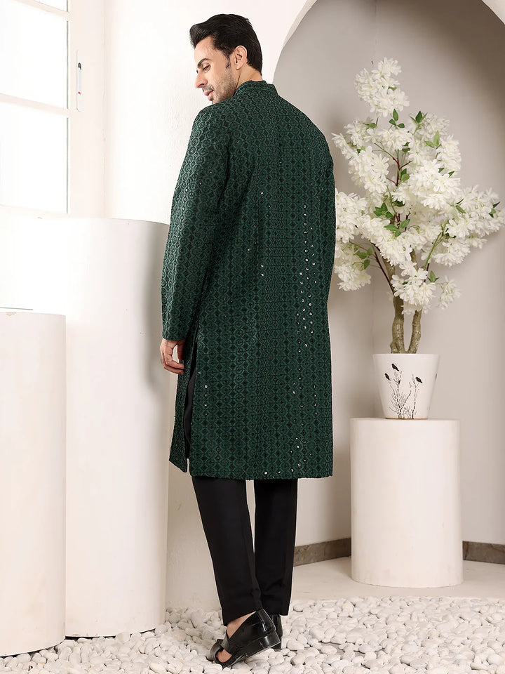 Men's Dark Green Straight Viscose Silk Kurta with Embroidered Neckline and Motifs,Black solid trouser style churidar