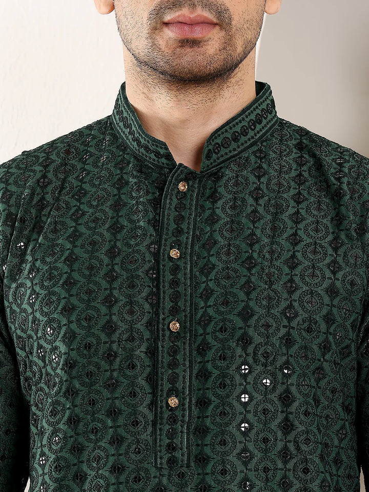 Men's Dark Green Straight Viscose Silk Kurta with Embroidered Neckline and Motifs,Black solid trouser style churidar