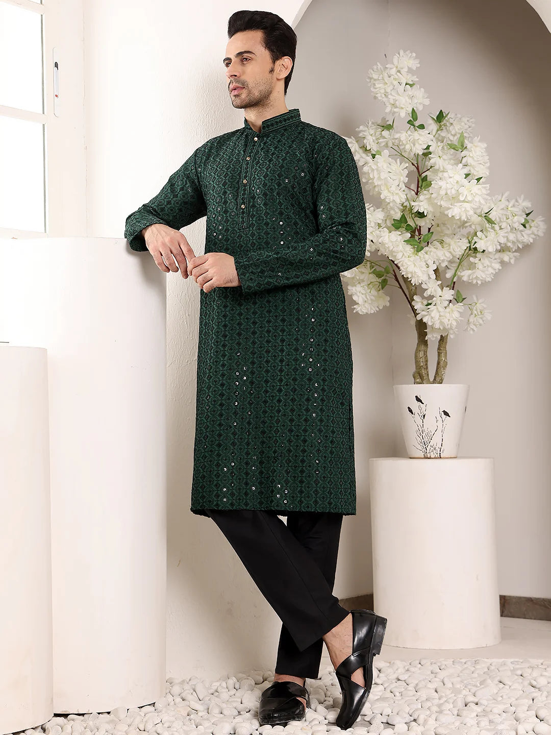 Men's Dark Green Straight Viscose Silk Kurta with Embroidered Neckline and Motifs,Black solid trouser style churidar