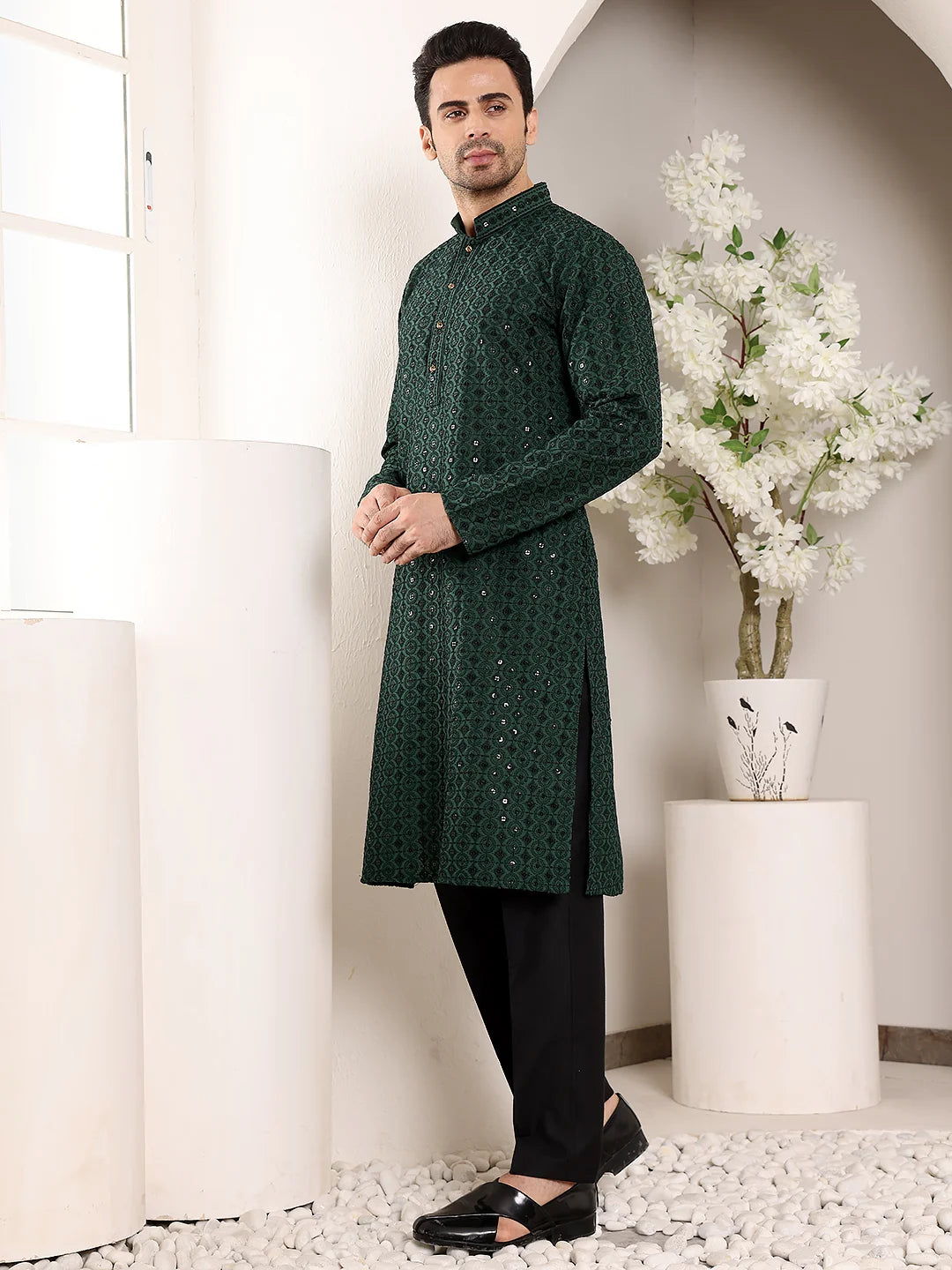 Men's Dark Green Straight Viscose Silk Kurta with Embroidered Neckline and Motifs,Black solid trouser style churidar