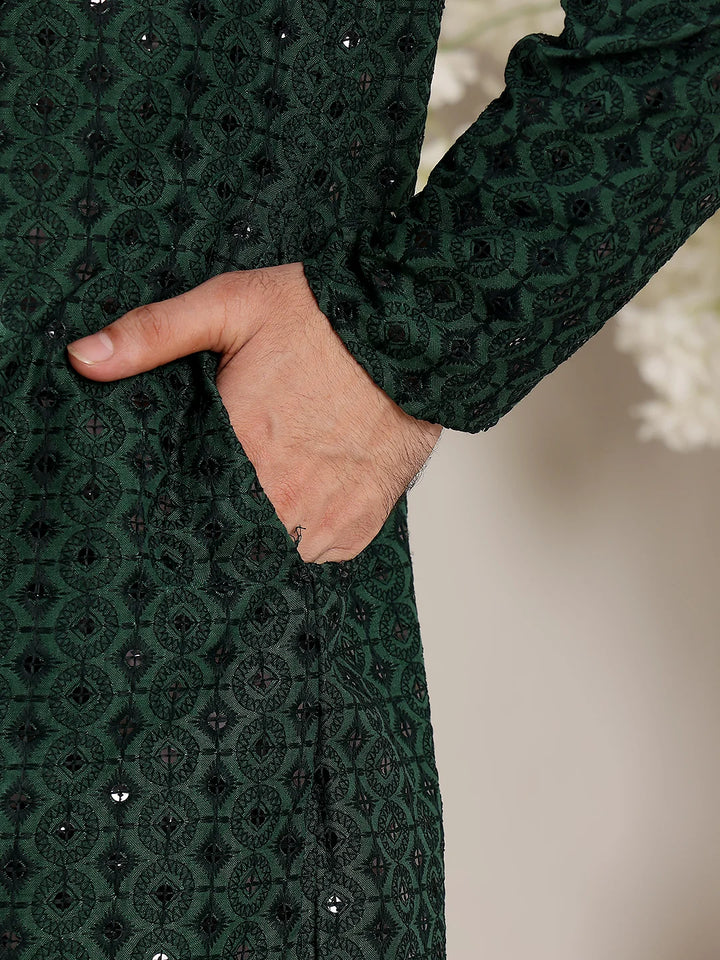 Men's Dark Green Straight Viscose Silk Kurta with Embroidered Neckline and Motifs,Black solid trouser style churidar