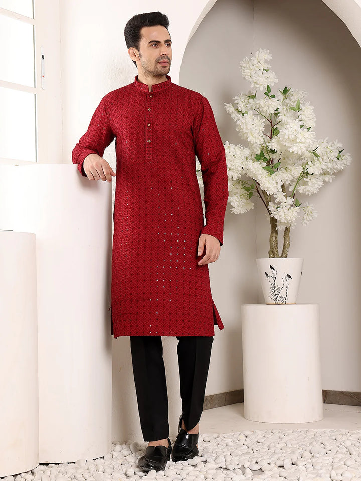 Men's Red Straight Viscose Silk Kurta with Embroidered Neckline and Motifs,Black solid trouser style churidar