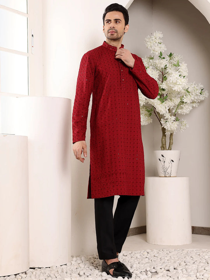 Men's Red Straight Viscose Silk Kurta with Embroidered Neckline and Motifs,Black solid trouser style churidar