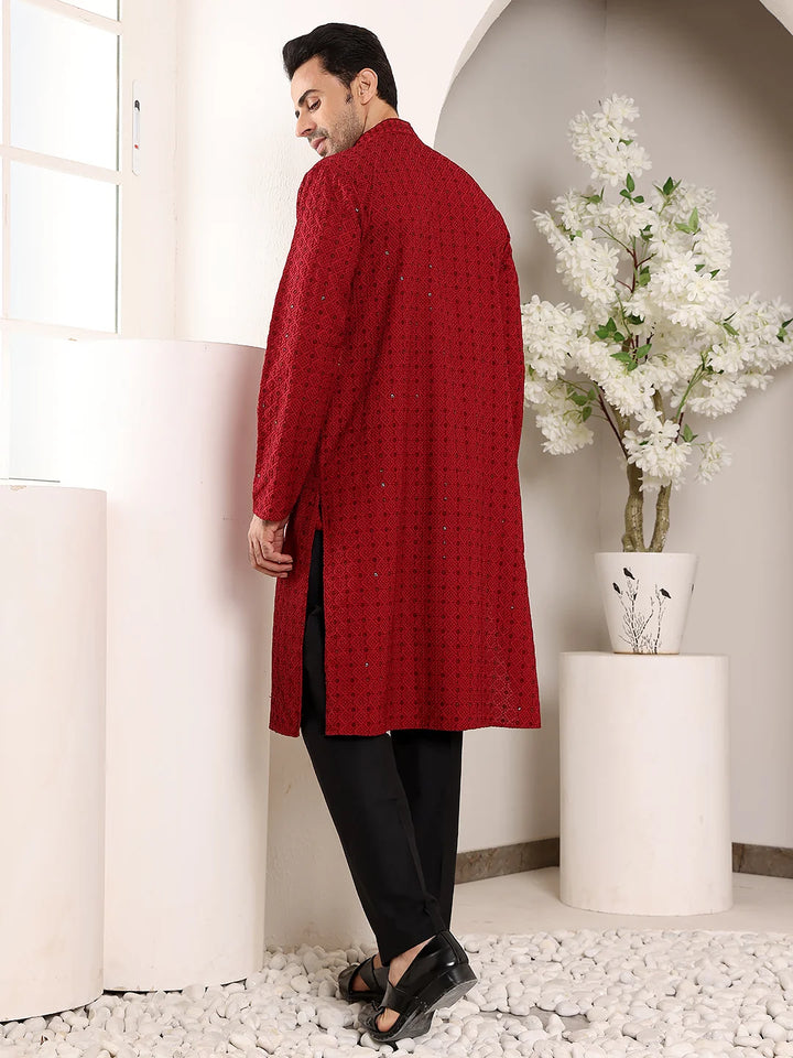 Men's Red Straight Viscose Silk Kurta with Embroidered Neckline and Motifs,Black solid trouser style churidar