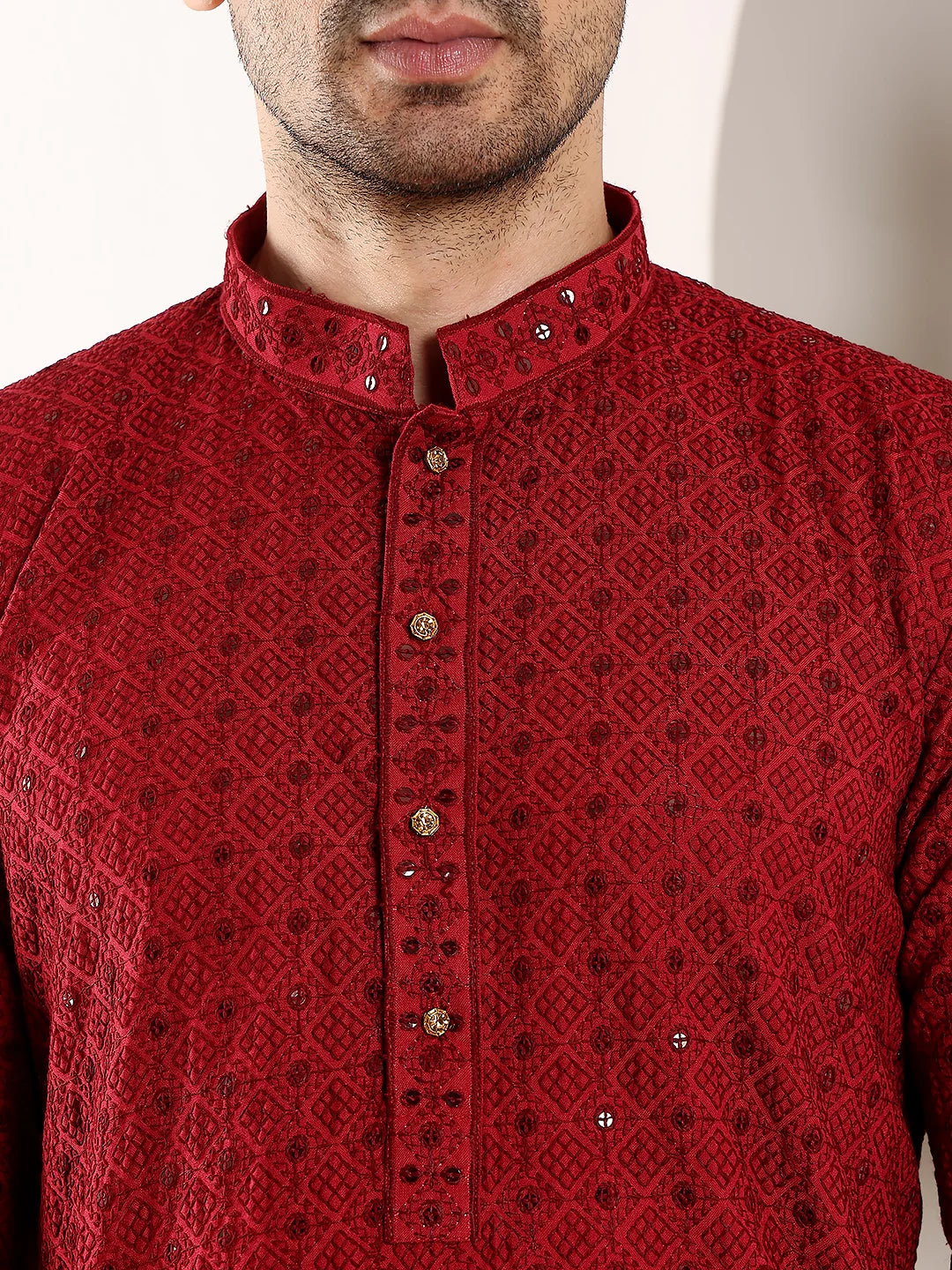 Men's Red Straight Viscose Silk Kurta with Embroidered Neckline and Motifs,Black solid trouser style churidar