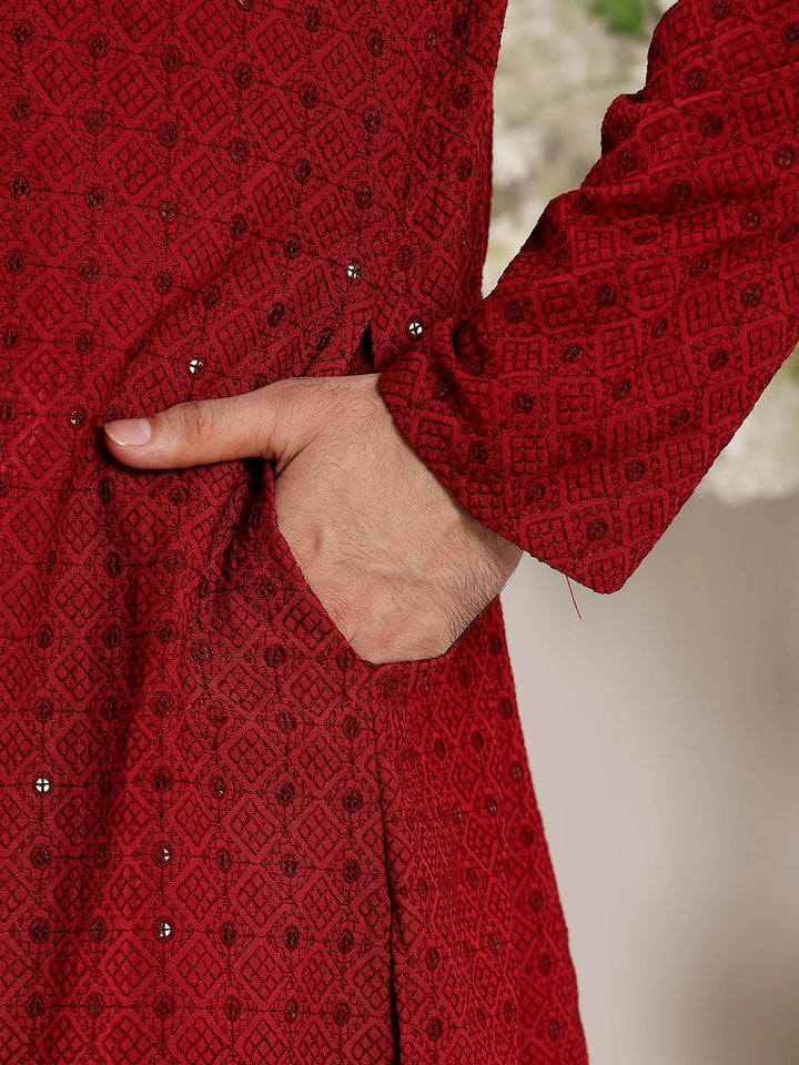 Men's Red Straight Viscose Silk Kurta with Embroidered Neckline and Motifs,Black solid trouser style churidar