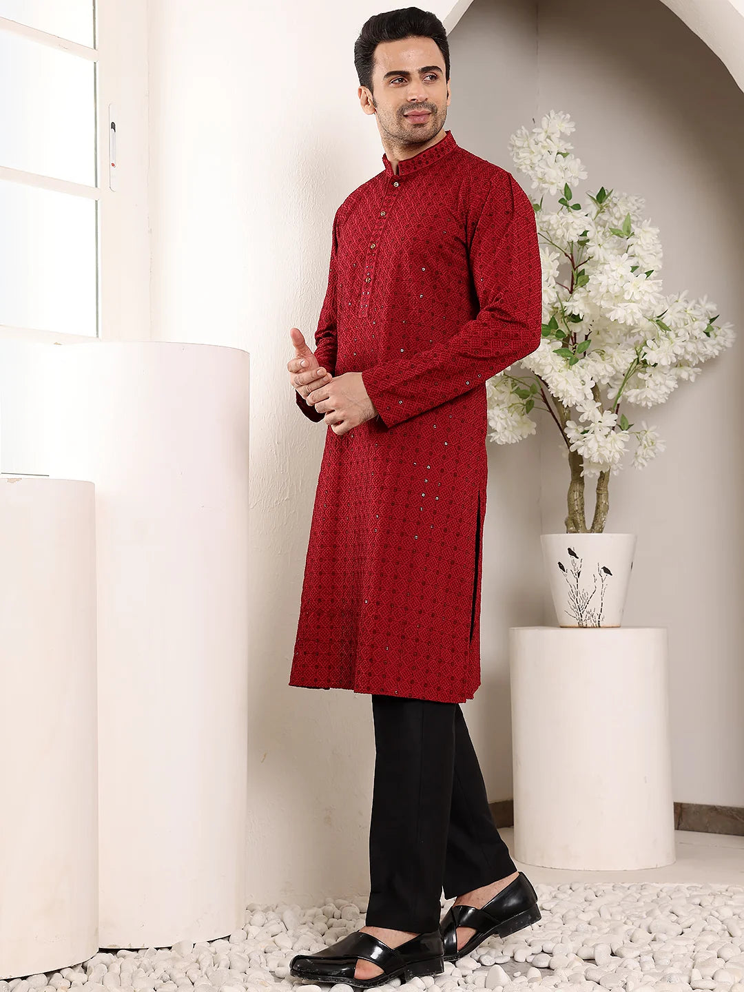 Men's Red Straight Viscose Silk Kurta with Embroidered Neckline and Motifs,Black solid trouser style churidar