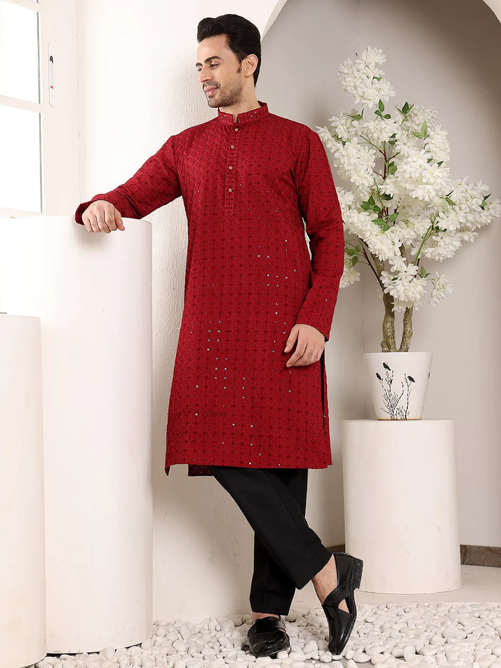Men's Red Straight Viscose Silk Kurta with Embroidered Neckline and Motifs,Black solid trouser style churidar