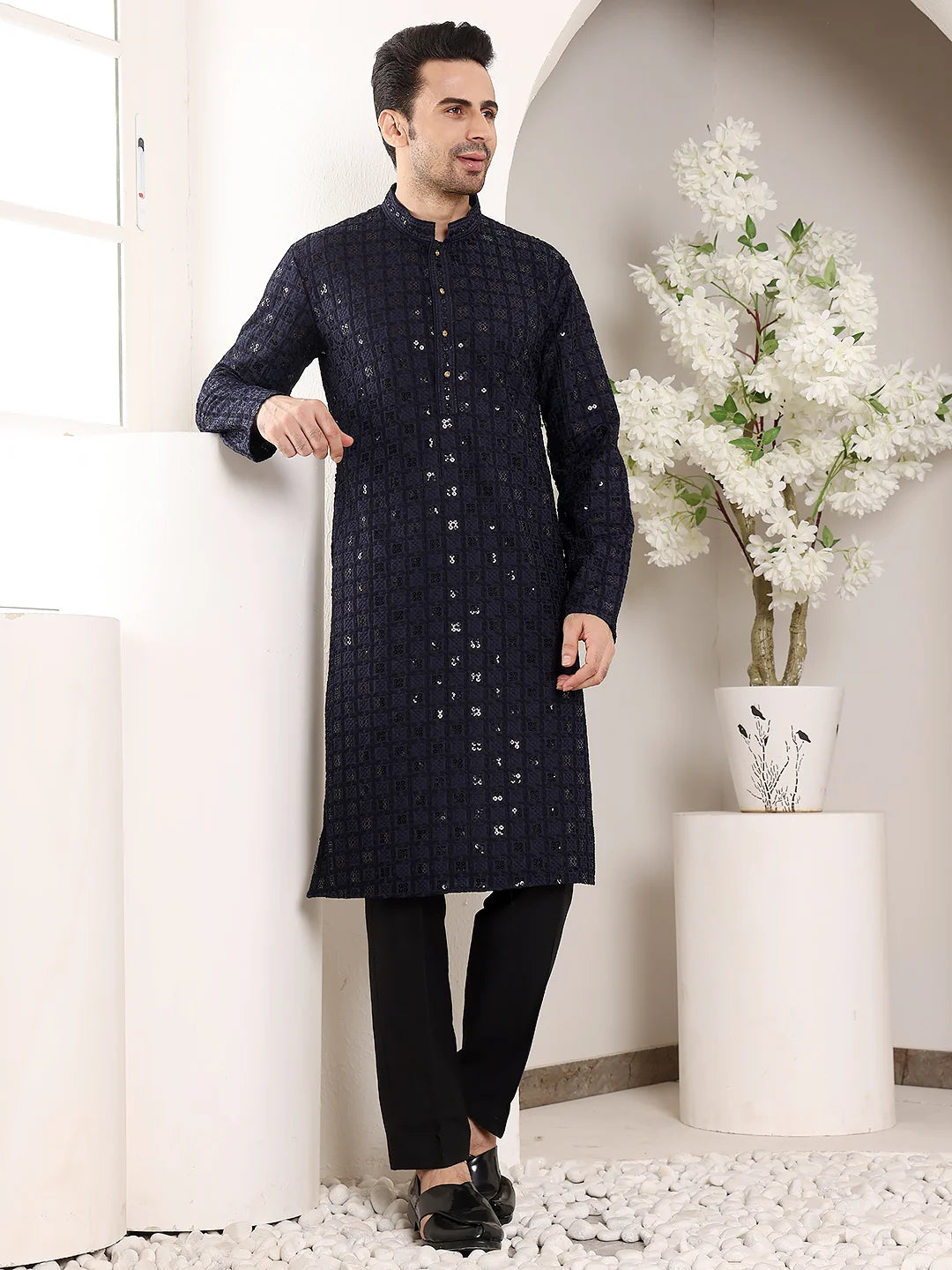 Men's Black Straight Viscose Silk Kurta with Embroidered Neckline and Motifs,Black solid trouser style churidar