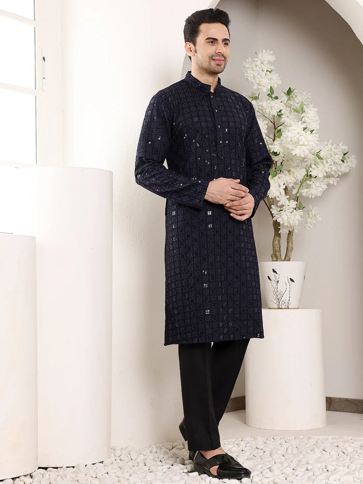 Men's Black Straight Viscose Silk Kurta with Embroidered Neckline and Motifs,Black solid trouser style churidar