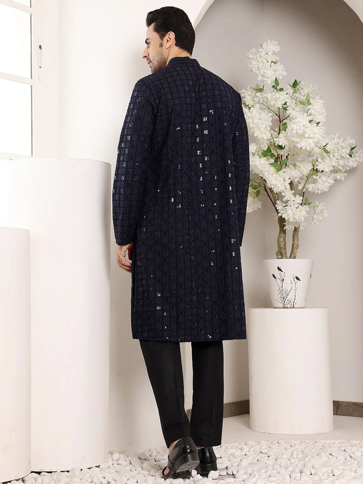 Men's Black Straight Viscose Silk Kurta with Embroidered Neckline and Motifs,Black solid trouser style churidar