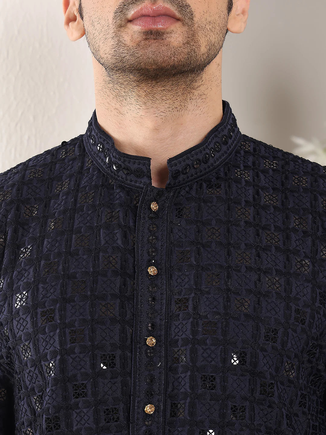 Men's Black Straight Viscose Silk Kurta with Embroidered Neckline and Motifs,Black solid trouser style churidar