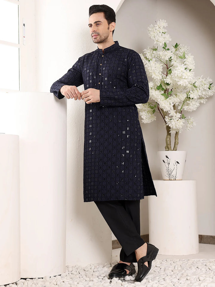Men's Black Straight Viscose Silk Kurta with Embroidered Neckline and Motifs,Black solid trouser style churidar