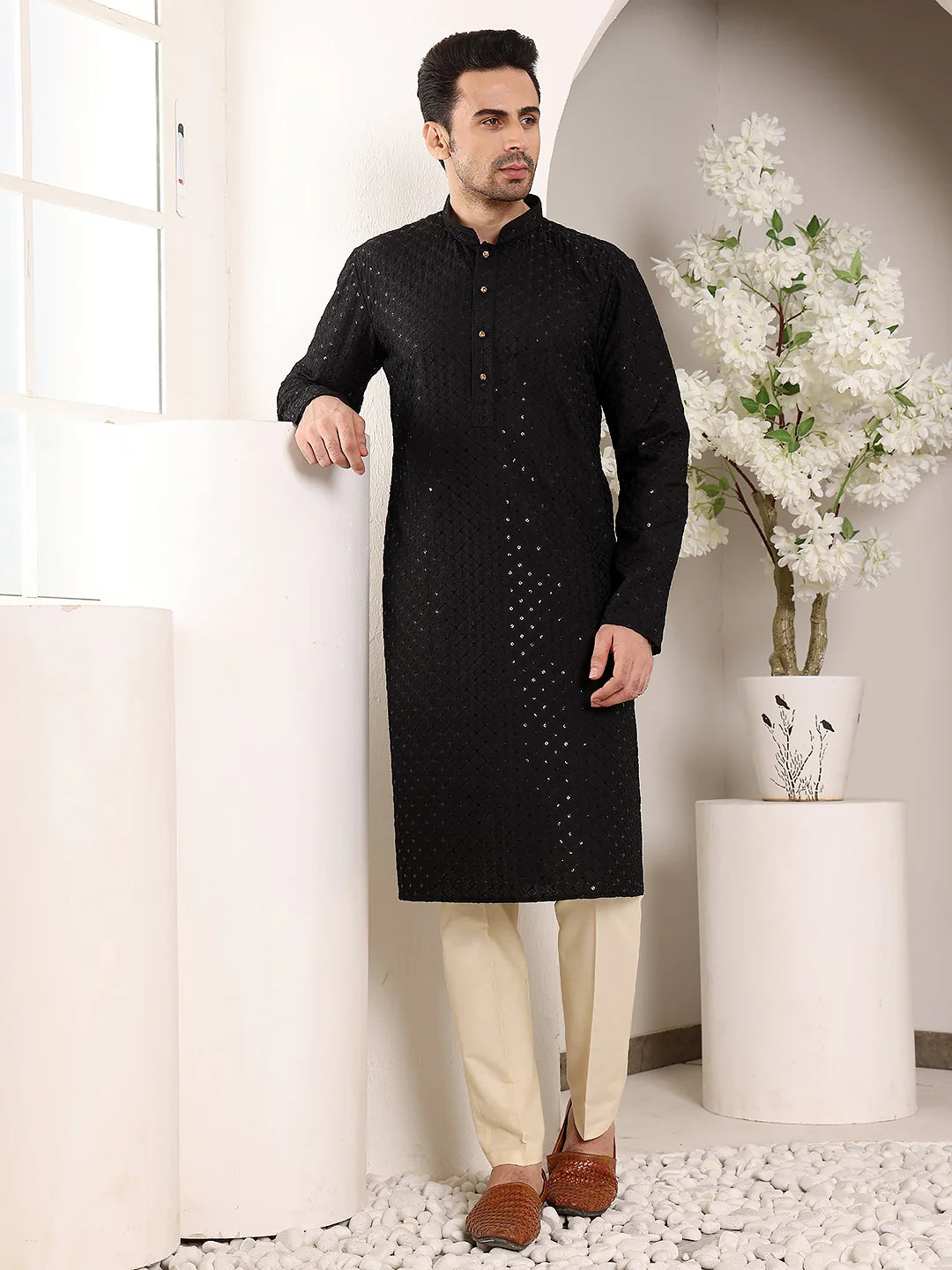 Men's Long Sleeve Mandarin Collar Black Straight Viscose Silk Kurta with Embroidered Neckline and Motifs – Black